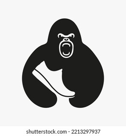 Gorilla Shoe Logo Negative Space Concept Vector Template. Gorilla Holding Shoe Symbol