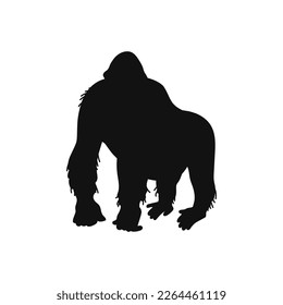Gorilla silhouette, flat vector illustration isolated on white background. Black and white drawing of monkey. Concepts of tropical and African animals.