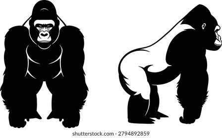Gorilla silhouette illustration with front side standing animal poses