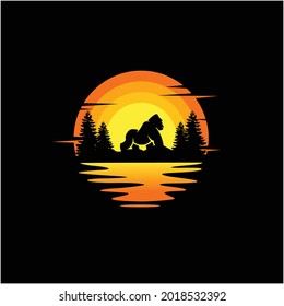 Gorilla silhouette illustration vector animal logo design, Orange sunset cloudy ocean view