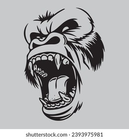 Gorilla silhouette vector illustration, Angry gorilla face logo. Black flat color simple elegant Gorilla  face animal vector and illustration.