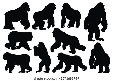 Gorilla silhouettes set isolated flat vector illustration on white background