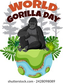 Gorila sentado en la Tierra, rodeado de follaje y texto.