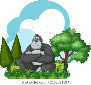 Gorilla sitting peacefully among trees and grass