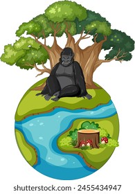 Gorilla sitting under trees by a river globe