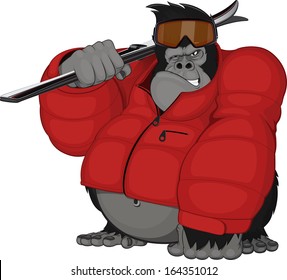 gorilla skier in red jacket