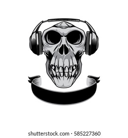 Gorilla skull  grey scale black white illustration with headset, cap and ribbon