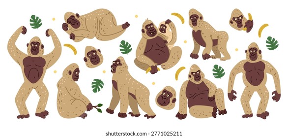 Gorilla sticker. Funny monkey. Cartoon animals jungle. Cute zoo or nature character in different poses. Forest pet wildlife primate. Mascot kids. Children African drawing. Vector tidy isolated set