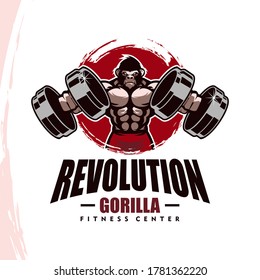 Gorilla with strong body, fitness club or gym logo. Design element for company logo, label, emblem, apparel or other merchandise. Scalable and editable Vector illustration