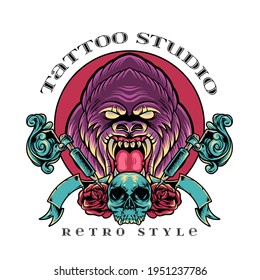 ilustración de estilo retro del estudio del tatuaje de gorila para su mercancía o negocio