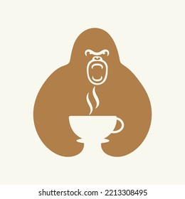 Gorilla Tea Cup Logo Negative Space Concept Vector Template. Gorilla Holding Tea Cup Symbol