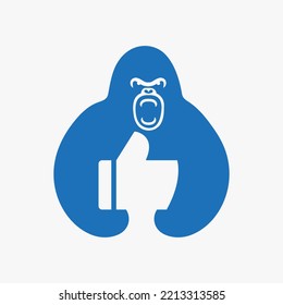 Gorilla Thumbs Up Logo Negative Space Concept Vector Template. Gorilla Holding Like Symbol