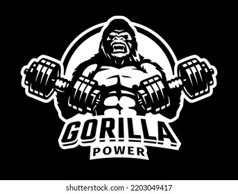 Gorilla with two dumbbells. Bodybuilding and fitness logo a dark background.