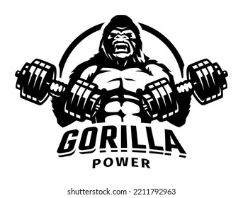 Gorilla with two dumbbells. Bodybuilding and fitness logo.