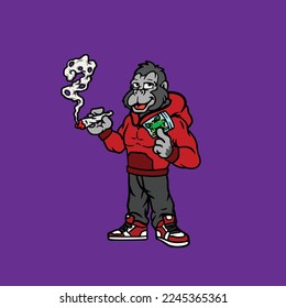 gorilla vector character animal cartoon mascot smoking blunt and joint from weed flower nug cannabis marijuana