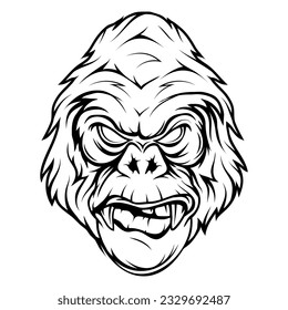 Gorilla. Vector illustration of primates. Sketch of an angry gorilla head