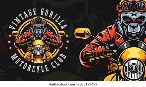 A gorilla in a vintage or retro motorcycle club logo, or motorcycle related business or organization, perfect for t-shirt design print