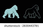Gorilla walking silhouettes solid and outline graphic set with silhouette