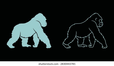 Gorilla walking silhouettes solid and outline graphic set with silhouette