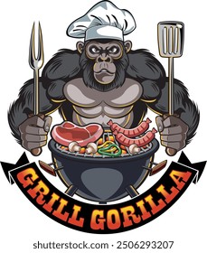 Gorilla wearing chef hat holding grill fork and spatula bbq grilling