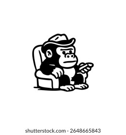 A gorilla wearing a cowboy hat sits in an armchair, holding a stick-like object