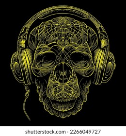 A gorilla wearing headphones is lost in a world of music, nodding its head to the beat. Despite its imposing size, the gorilla looks peaceful