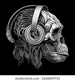 A gorilla wearing headphones is lost in a world of music, nodding its head to the beat. Despite its imposing size, the gorilla looks peaceful