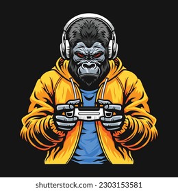 A gorilla wearing hoodie and headphone holding a joystick or game pad or gaming controller