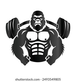 Gorilla weightlifting logo vector template. Strong gorilla with dumbbells.