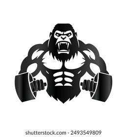 Gorilla weightlifting logo vector template. Strong gorilla with dumbbells.