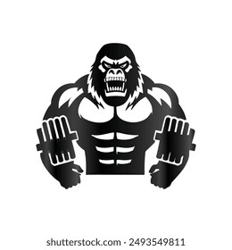 Gorilla weightlifting logo vector template. Strong gorilla with dumbbells.