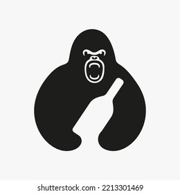 Gorilla Wine Bottle Logo Negative Space Concept Vector Template. Gorilla Holding Wine Bottle Symbol