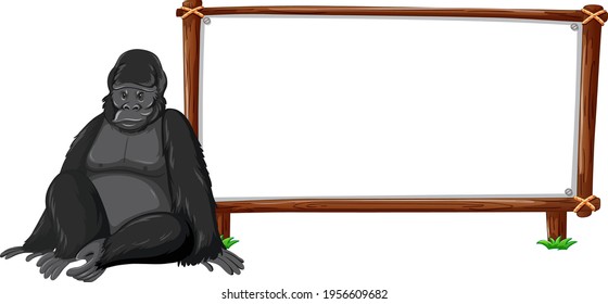 Gorilla with wooden frame horizontal isolated on white background illustration