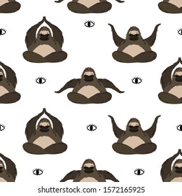 Gorilla in yoga assanas. Vector seamless pattern with sports Primate. Cute animal. Yoga and meditation as a lifestyle
