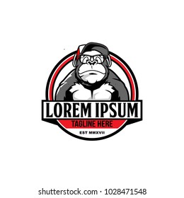 gorillas cartoon with sunglasses and a hat vector logo template
