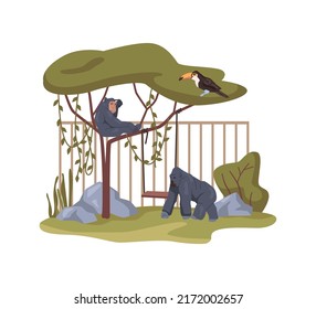 Gorillas and monkeys in menagerie, flora and fauna of African wildlife. Nature reserve with simians in natural habitat in zoological garden. Flat cartoon, vector illustration