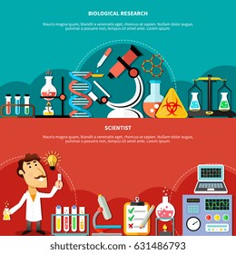 Gorizontal banners concept set of biological and sciences research and chemical experiments flat vector illustration