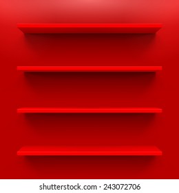 Gorizontal  bookshelves on the red wall. Vector illustration