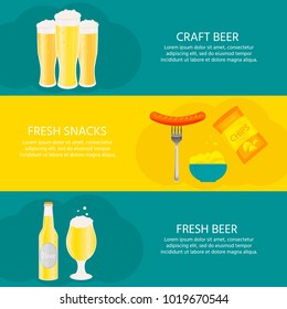 Gorizontal poster, banner with beer bottle, mugs, glasses, potato chips, sausage. Vector icon with alcoholic beverages. Wheat, lager, craft ale