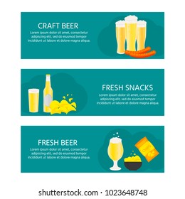 Gorizontal poster, banner with beer bottle, mugs, glasses, potato chips, sausage. Vector icon with alcoholic beverages. Wheat, lager, craft ale