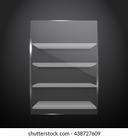 Gorizontal white bookshelves on a dark walll with front glass eps 10