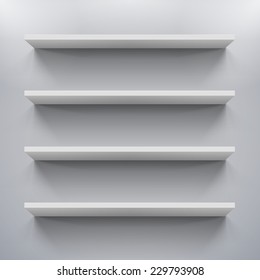 Gorizontal white bookshelves on the gray  a wall