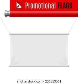 Gorizontal white promotional flag hanging on threads on a gray background