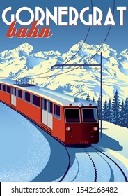 Gornergrat Bahn Travel Poster With Railway Train In First Plan And Mountains In The Background. Handmade Drawing Vector Illustration. Vintage Style.