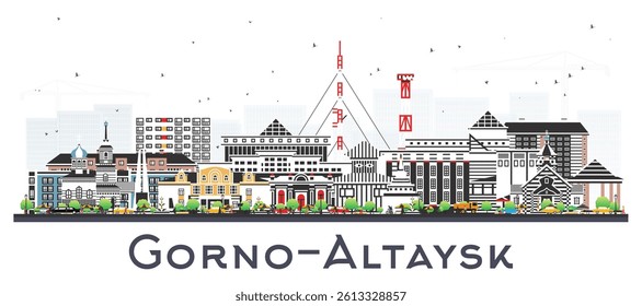 Gorno-Altaysk Russia city skyline with color buildings isolated on white. Vector illustration. Gorno-Altaysk cityscape with landmarks. Travel and tourism concept with modern and historic architecture.