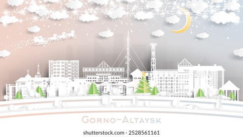 Gorno-Altaysk Russia. Winter city skyline in paper cut style with snowflakes, moon and neon garland. Christmas and new year concept. Santa Claus on sleigh. Gorno-Altaysk cityscape with landmarks.