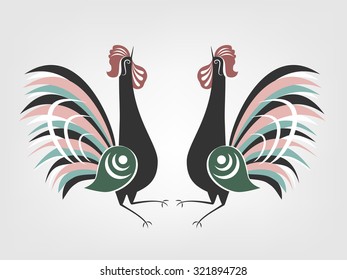 Gorodets cocks folk painting. Vector russian ornament