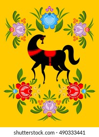 Gorodets painting Black horse and floral elements. Russian national folk craft. Traditional decoration in Russia. Flowers and leaves texture. Retro ethnic decor
