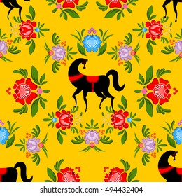 Gorodets painting Black horse and floral seamless pattern. Russian national folk craft ornament. Traditional decoration texture in Russia. Flowers and leaves background. Retro ethnic decor
