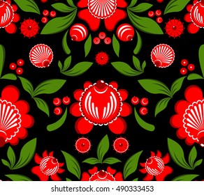 Gorodets painting seamless pattern. Floral ornament. Russian national folk craft. Traditional decoration painting in Russia. Flowers and leaves texture. Retro ethnic decor
